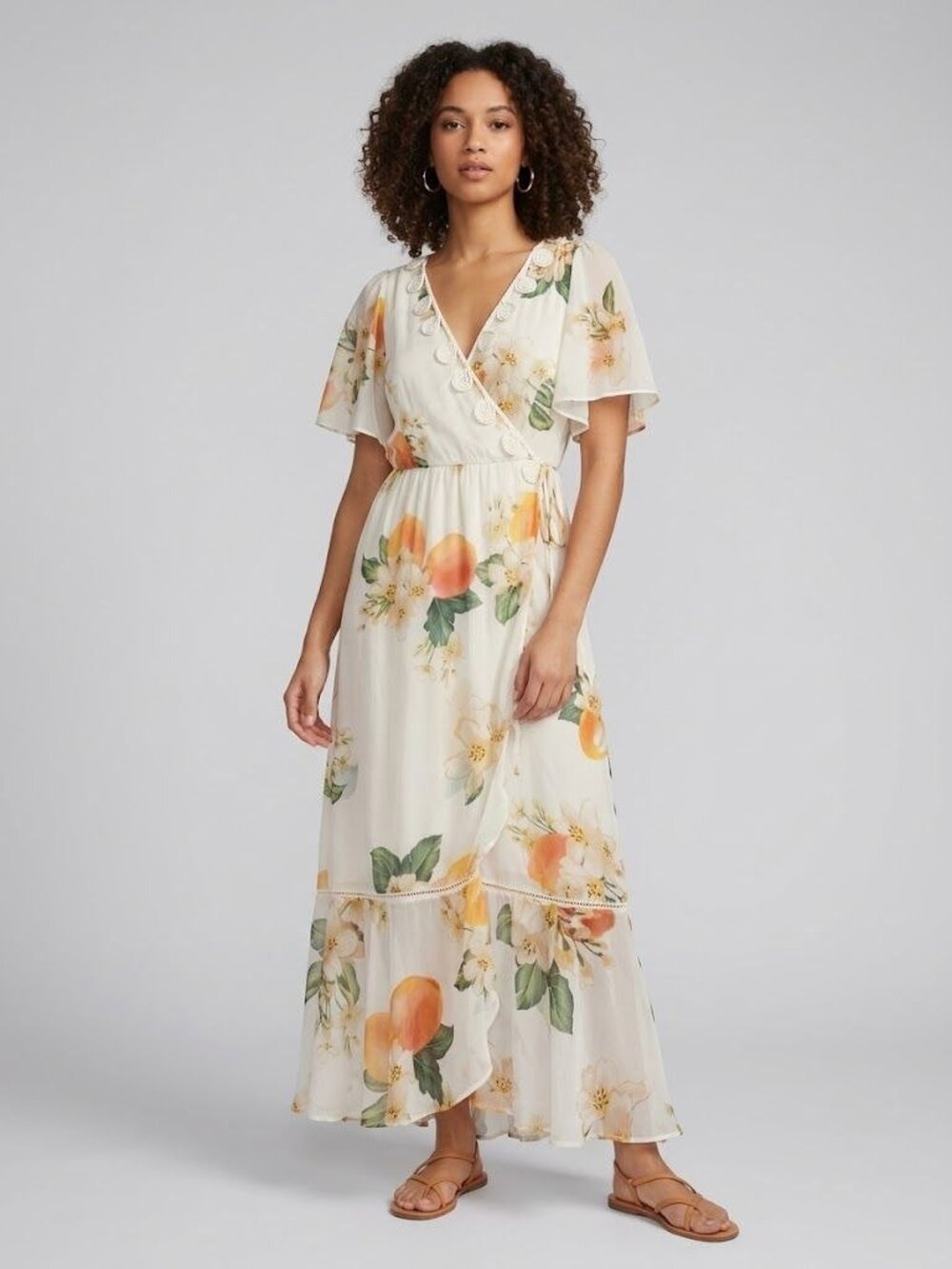 Farm Rio For Anthropologie XS Maxi Dress Peach Blossom Floral Wrap Style